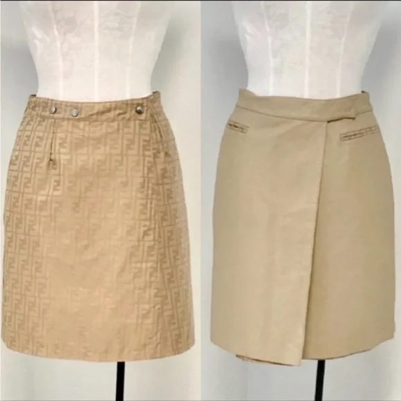 Fendi 6 Reversible Leather FF Logo Print Skirt Tan Vintage NWOT - Picture 1 of 16